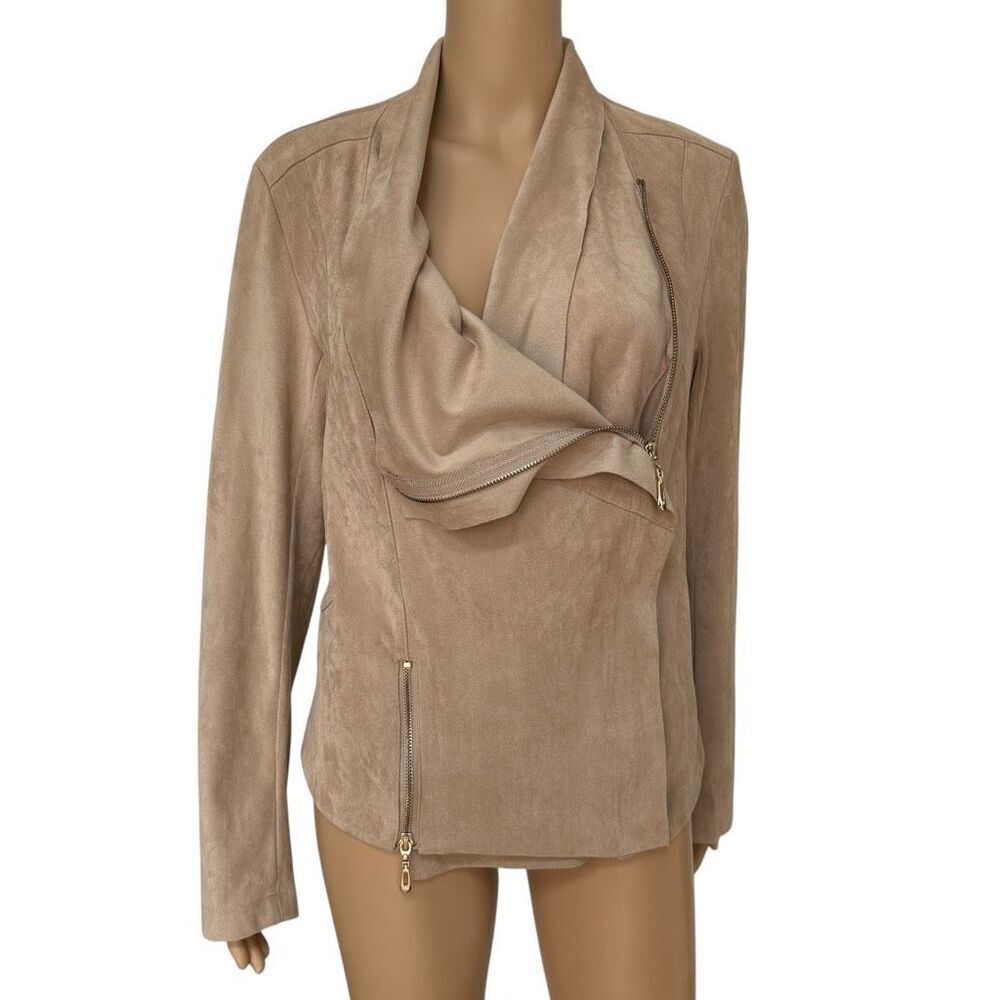 Neiman Marcus Women's tan Drape Front Faux Suede Jacket Coat Size M